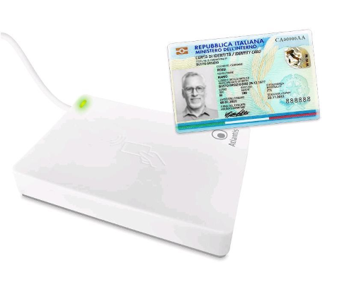 ATLANTIS P005-CIED311 LETTORE CIE 3.0 CARTA D'IDENTITA ELETTRONICA ITALIANA PER INPS AG. DELLE ENTRATE INAIL FASCICOLO SANITARIO ANPR LETTORE SMARTCARD CONTACTLESS NFC PER PC COLLEGAMENTO USB BIANCO